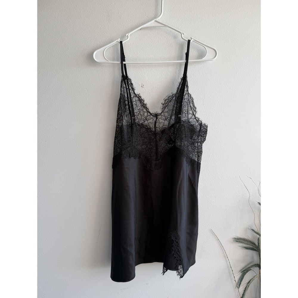 Victoria's Secret Black Satin‎ Eyelash Lace Trim Slip Dress Chemise Large L/G